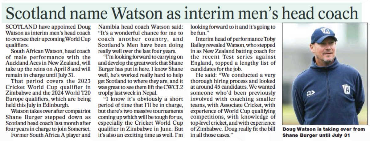 ScottyCricket's tweet photo. @Herald_Sport_ welcome appointment of @dougwato73 as @CricketScotland #InterimCoach @Tobybailey76 @Berrington44 https://t.co/ADFJO1poOO
