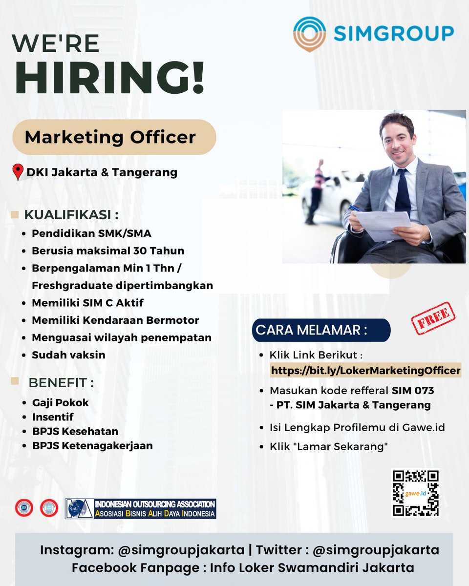 simgroupjakarta's tweet photo. INFO LOWONGAN KERJA TERBARU MARET 2023

Silahkan melamar melalui link yang tercantum https://t.co/b7ApZfv9RE
Hanya pelamar yang sesuai dengan kualifikasi yang akan di proses lebih lanju
#lokersimgroup #lokermarketingofficer #lokerjakarta #lokerjakartautara #lokertangerang #hrdcot https://t.co/TzgdB1B8fj