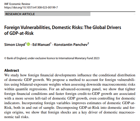 BoE_Research's tweet photo. Publication: Simon Lloyd, Ed Manuel (BoE) + Konstantin Panchev (Oxford Uni) “Foreign Vulnerabilities, Domestic Risks: The Global Drivers of GDP-at-Risk” in IMF Economic Review. https://t.co/gtG1UAuAcK