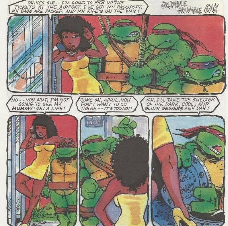 AMGX's tweet photo. April O'Neil is a fictional character that was originally supposed to be Asian that has been depicted as racially ambiguous early on and is called "white-looking" who is based on the mixed race ex-wife of one of the original creators is not a "factually white person". #OkRacist https://t.co/E5KqO2c3bF