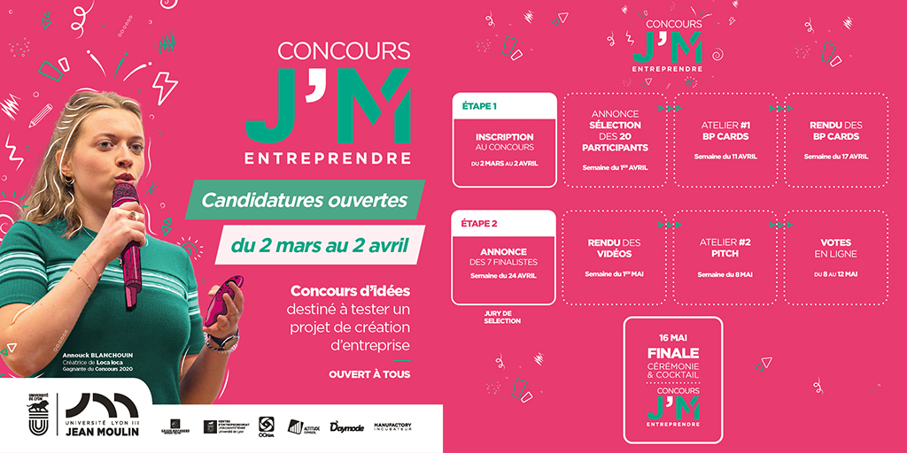 [#JME2023] Le concours J'M Entreprendre fait son retour <a href="/UJML/">Université Jean Moulin Lyon 3</a> 🚀Vous avez une idée de projet ou de start-up en tête ? Lancez-vous dans l'aventure entrepreneuriale du concours d'idées J'M Entreprendre➡️ Vous avez jusqu'au 02/04 pour déposer votre dossier : clic.univ-lyon3.fr/h/jme-2023