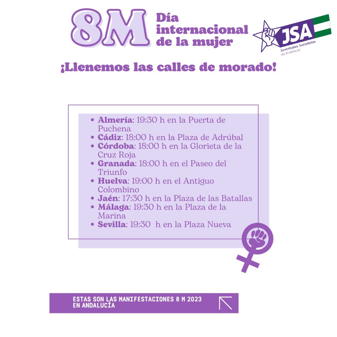 JSAndalucia's tweet photo. 🟣Este miércoles las JSA saldremos a la calle una vez más para reclamar los derechos de las mujeres.
⬇️Aquí os dejamos las manifestaciones de todas las provincias. https://t.co/Dpa8WeiMma