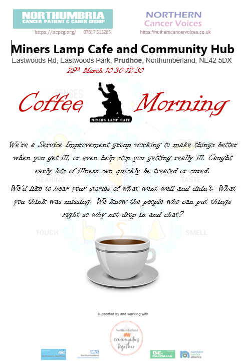 NCVNENC's tweet photo. Coffee morning at Prudhoe Miners Lamp Cafe. Pop along for tea and company. #Cancer #NHS #Northumberland #CancerAwareness #MensForum #supportlocal #breastcancer #mentalhealth #copingstrategies #healthcare #cancersupport #life #NUTHEqualities #ageUKNT #MH_Concern https://t.co/7APRtnYG54