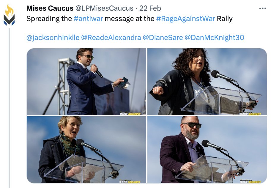 GrandTurion's tweet image. They misspelled "spreading the #warmonger, #prowar, #progenocide, #proaggression, #antilibertarian message at the #ProWarRally #WeLovePutinRally". Honest mistake I'm sure.