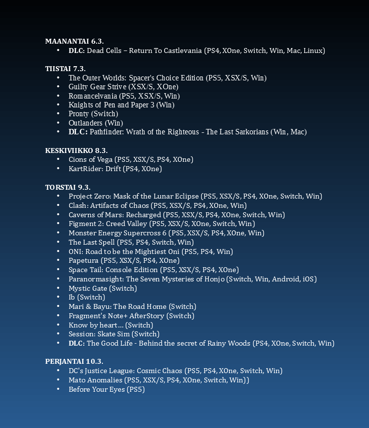 PelejaUutisina's tweet photo. Poimintoja tรคmรคn viikon (10/2023) uutuuspelien tarjonnasta.
#DeadCells #ReturnToCastlevania #ProjectZero #FatalFrame #KnightsOfPenAndPaper #ClashArtifactsOfChaos #ACETeam #JusticeLeague #viikonpelijulkaisut #uutuuspelit https://t.co/MKcOwui9sN