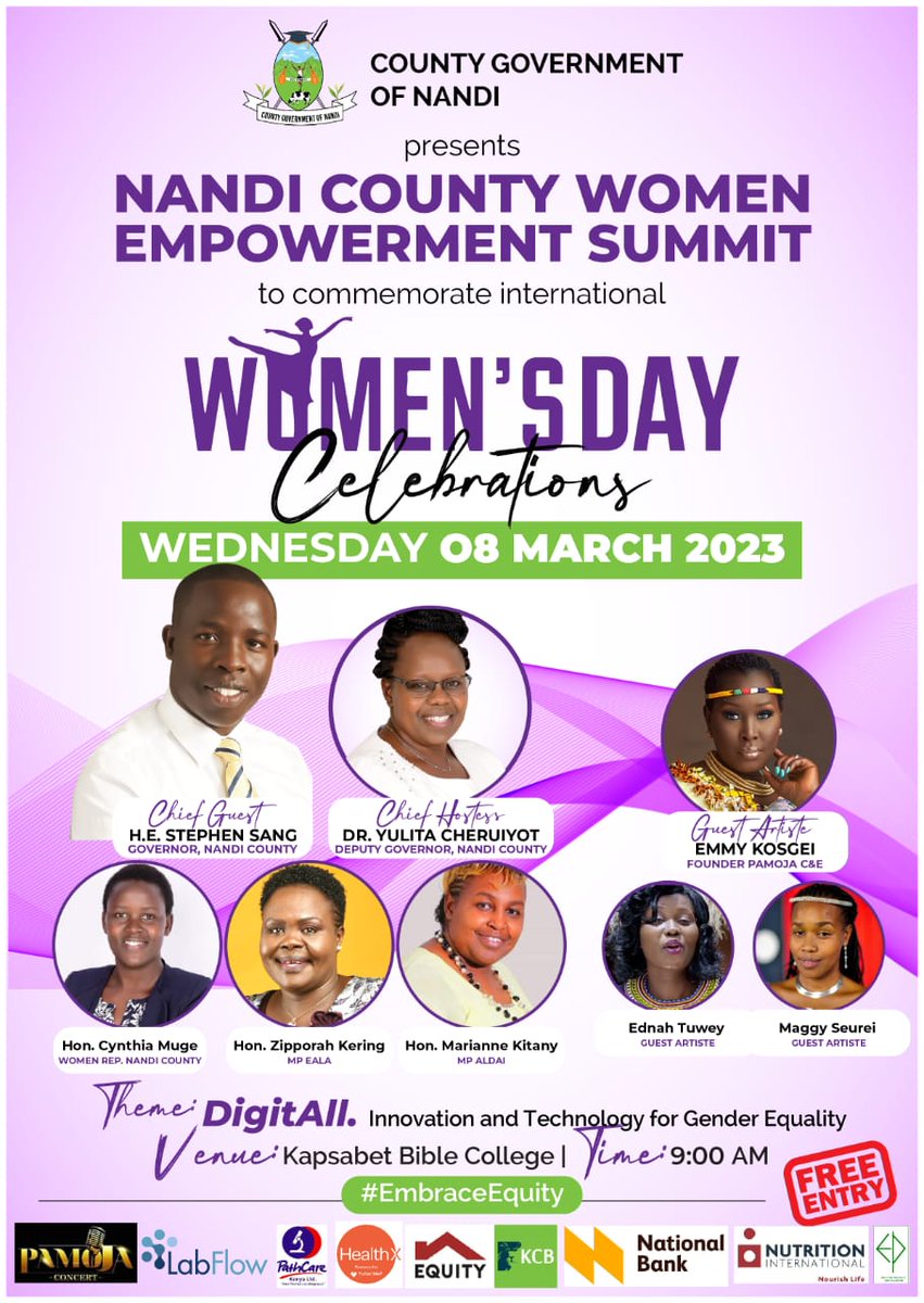 Nandi029's tweet image. Just one day left until the Nandi County Women Empowerment Summit, which will commemorate #IWD2023 celebrations. The event has an impressive lineup of guest speakers and artists that you simply can&apos;t afford to miss! #EmbraceEquity