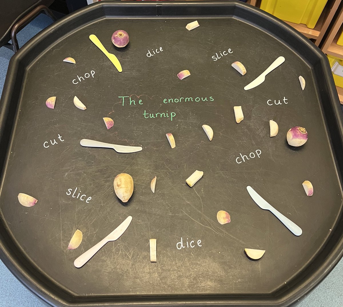 We’re having chopping fun in my class today with ‘The Enormous Turnip’ story. 🙌🏼

Plastic knives ✅ language ✅ plentiful supply of turnips ✅ a good mornings fun! 🥳

#eytagteam #cosytuffspot #eytalking #eyfs #tuffspot #storytime