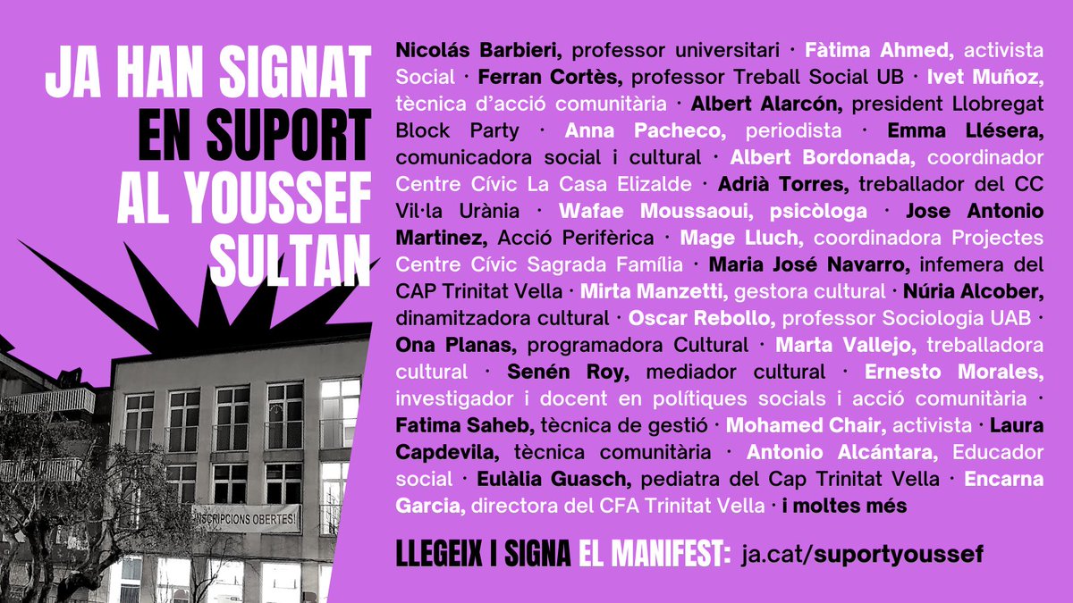 ⚡️ Persones del món de les polítiques públiques, l'acció comunitària, la cultura o l'activisme social ja han signat en suport al Youssef Sultan, acomiadat de manera improcedent del Centre Cívic Trinitat Vella.

👉🏾 Llegeix i signa el manifest a ja.cat/suportyoussef
