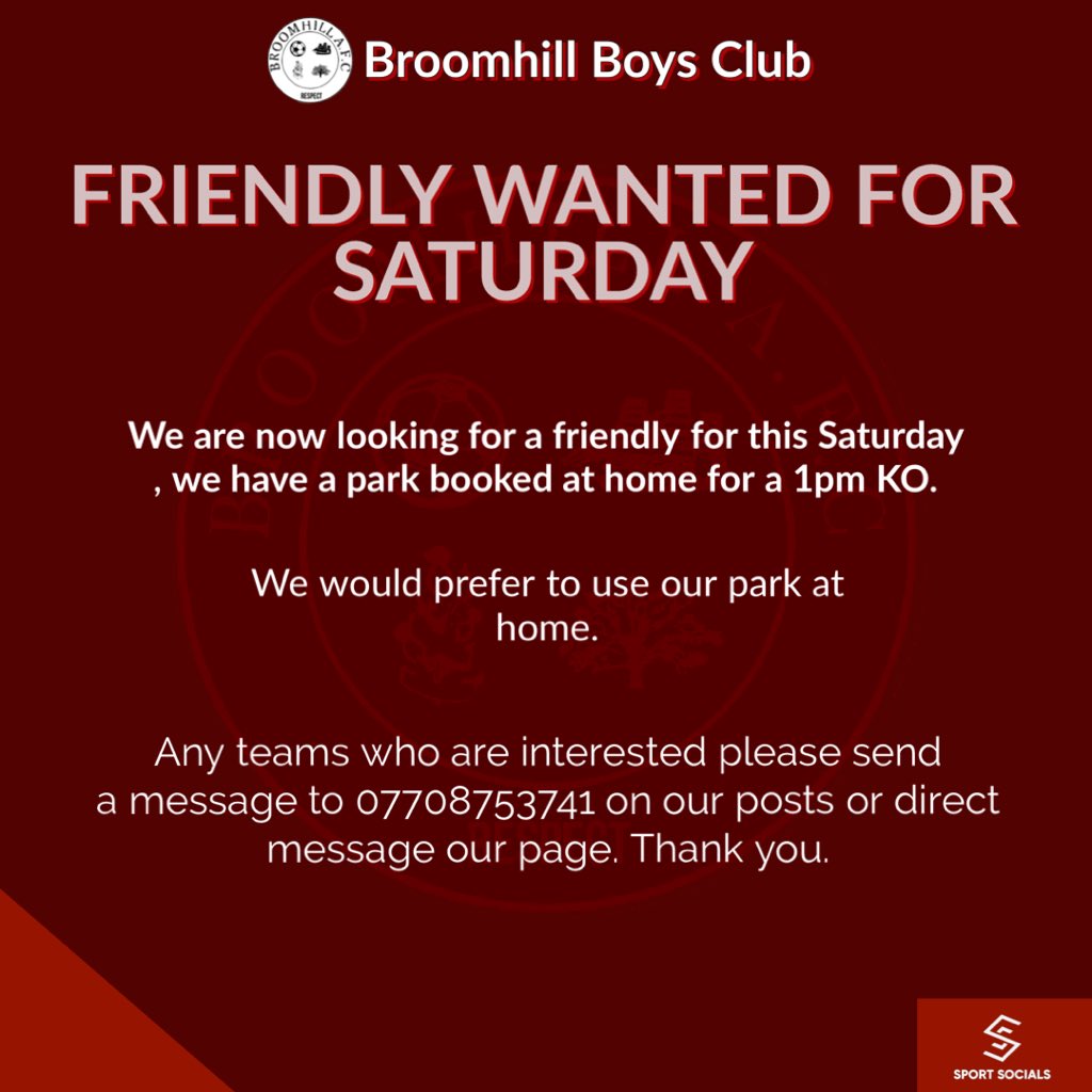 We are now looking for a friendly for Saturday. Please give us a message if you are interested.