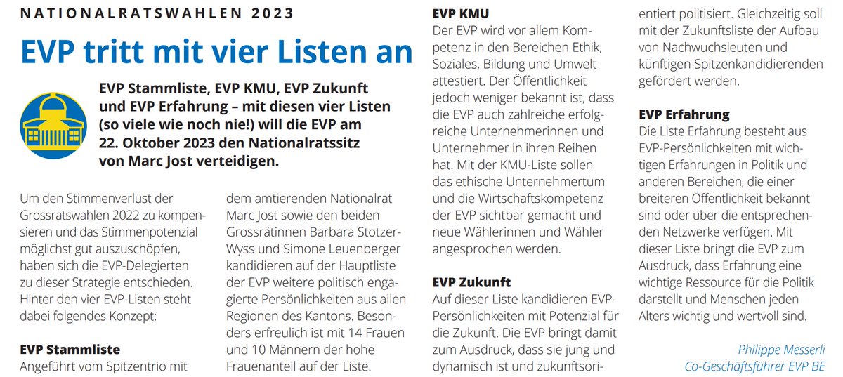 Am 22. Oktober 2023 werden Nationalrat und Ständerat gewählt. Die EVP BE tritt mit 96 Kandidierenden zur #WahlCH23 an.
Ein Novum ist die KMU-Liste, welche Unternehmensethik und Wirtschaftskompetenz von EVP-Leuten sichtbar machen soll. #ausLeidenschaftfürMenschundUmwelt