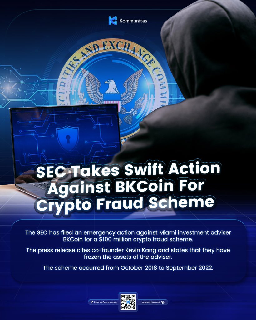 kommunitasnet's tweet photo. SEC has filed an emergency action against BKCoin for a $100 million crypto fraud scheme. The scheme took place for several years and the firm raised capital from 55 investors for the purpose of investing in digital assets.
#KOMnews #sec #BKCoin #cryptoscheme #cryptonews https://t.co/tkiyqcgFcp