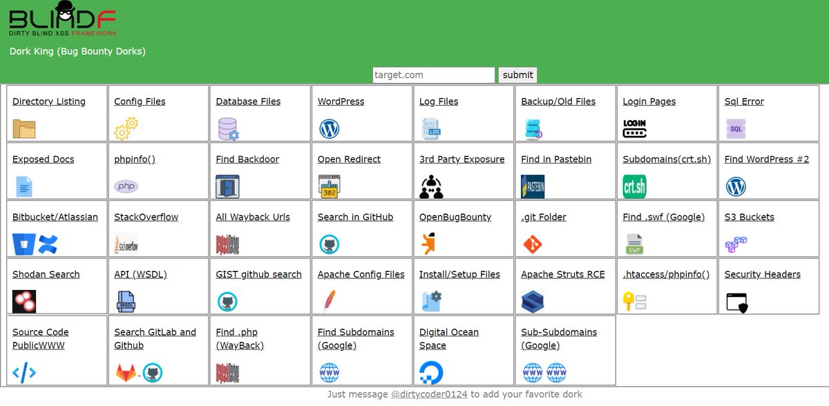 My google dork webpage is now publicly available for use.  <a href="/bugbounty_tips/">Bug Bounty Tips</a> <a href="/Bugcrowd/">bugcrowd</a> <a href="/Hacker0x01/">HackerOne</a> 
dorkking.blindf.com