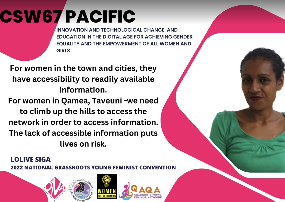 #CSW67: Yng women in maritime areas of #Fiji like #Qamea faced w longtime challenges to access accurate, accessible, timely info. 

Govts, CSOs cannot just say fr over 50 years since Independence -its too hard. 

Way past time #AllMeansAll #FeministDomesticPolicy #MovementsMatter