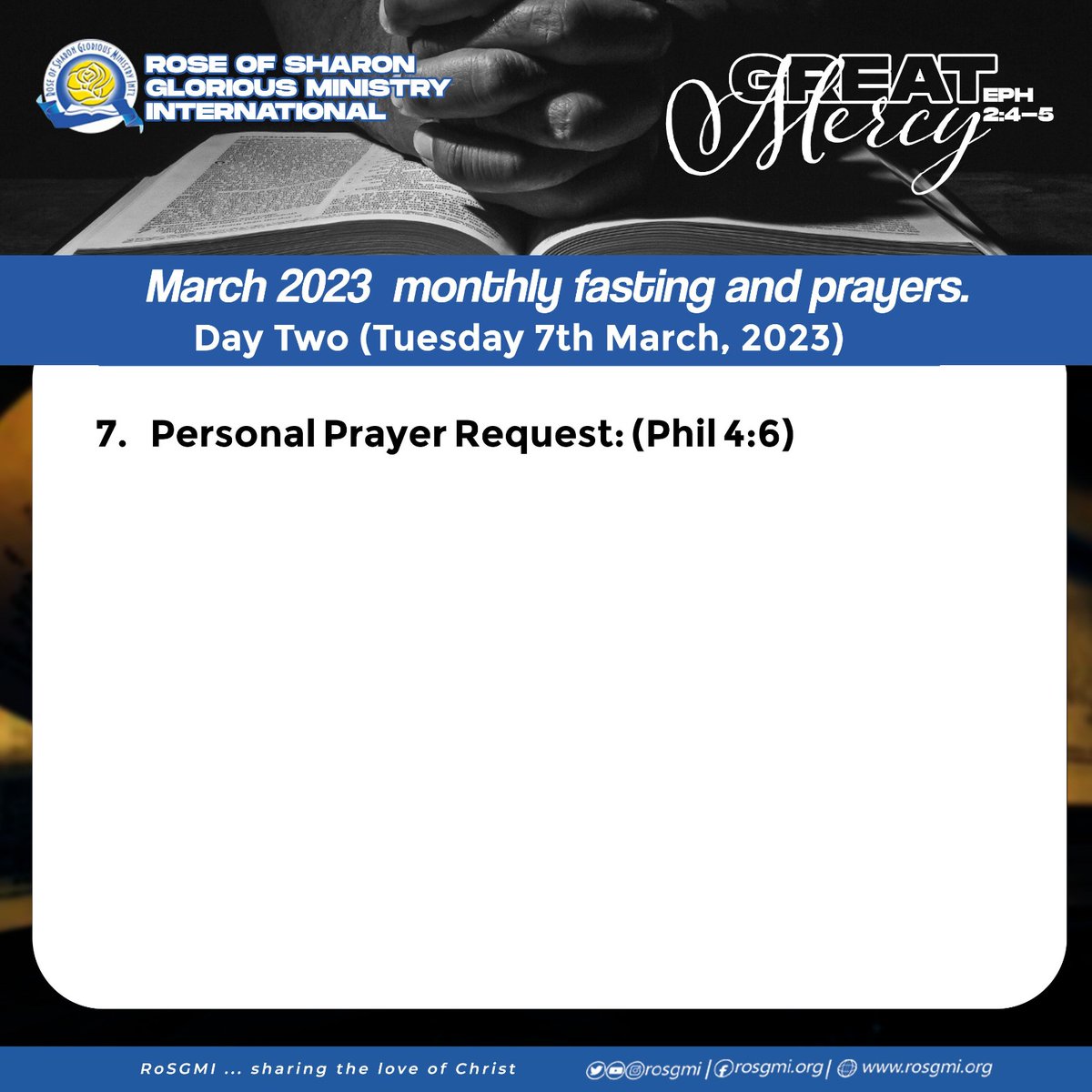 Don't forget to join us for our Lunch Hour Fellowship at 12pm today, We break our fast at 6 pm followed by Evening of Praise service at 6:30 pm.

See you soon. 

#ROSGMI #FastMarch #PrayerGuidelines #LunchHourFellowship #FastandPrayer #GreatMercy