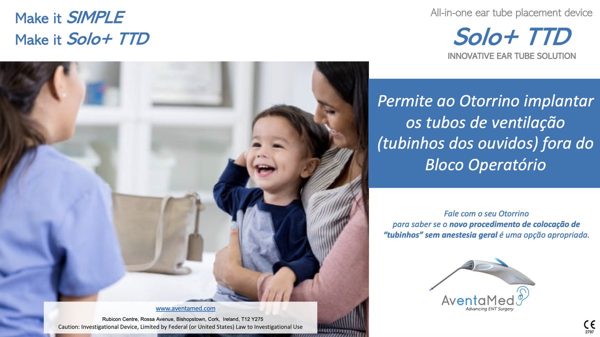 Permite ao Otorrino implantar os tubos de ventilação (tubinhos dos ouvidos) fora do Bloco Operatório
Fale com o seu Otorrino para saber se o novo procedimento de colocação de “tubinhos” sem anestesia geral é uma opção apropriada.
aventamed.com
#eartubes #otitis #orl