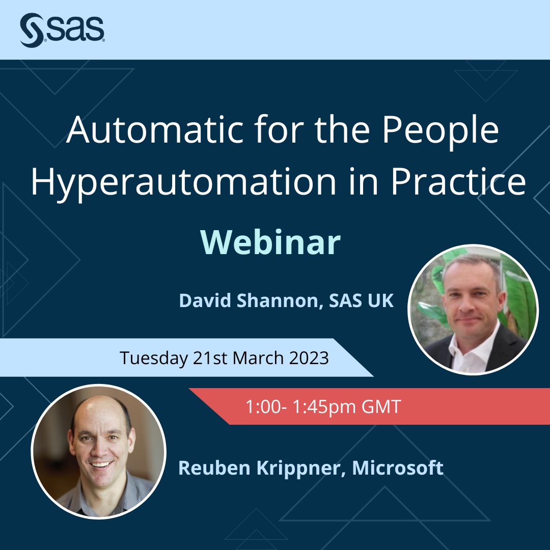 SmartData101's tweet image. What is the hype around #Hyperautomation?  Want to find out more?  @Microsoft and @SASsoftwareUKI discuss the buzz at 1pm GMT on 21st March.
sas.com/en_gb/webinars…

#hyperautomation #efficiency