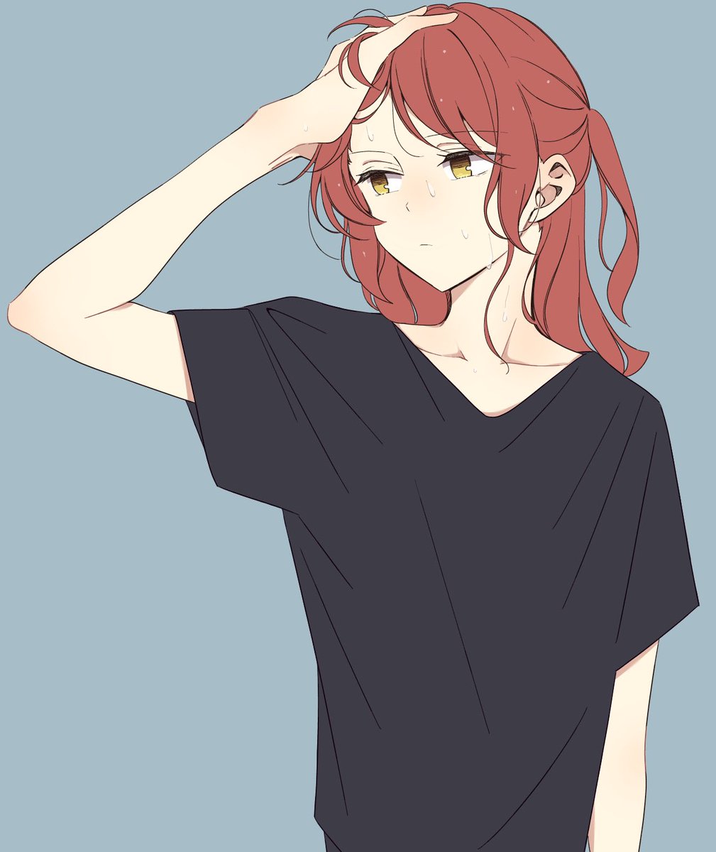 1girl solo shirt black shirt simple background red hair yellow eyes  illustration images
