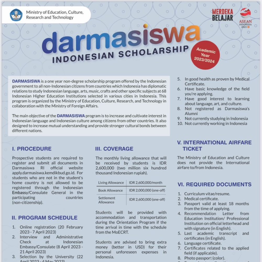 indonesiaalger's tweet photo. Darmasiswa' Scholarship is now open. 

Ce bourse est destiné aux étudiants étrangers qui souhaitent poursuivre un programme non diplômant en langue, arts traditionnels et culture indonésienne.

Inscrivez-vous vous dès maintenant.

En savoir plus : https://t.co/knVjdvolZw https://t.co/gMJdfUs1wj