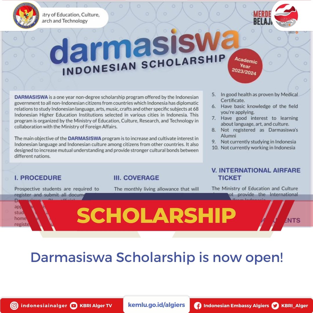 indonesiaalger's tweet photo. Darmasiswa' Scholarship is now open. 

Ce bourse est destiné aux étudiants étrangers qui souhaitent poursuivre un programme non diplômant en langue, arts traditionnels et culture indonésienne.

Inscrivez-vous vous dès maintenant.

En savoir plus : https://t.co/knVjdvolZw https://t.co/gMJdfUs1wj