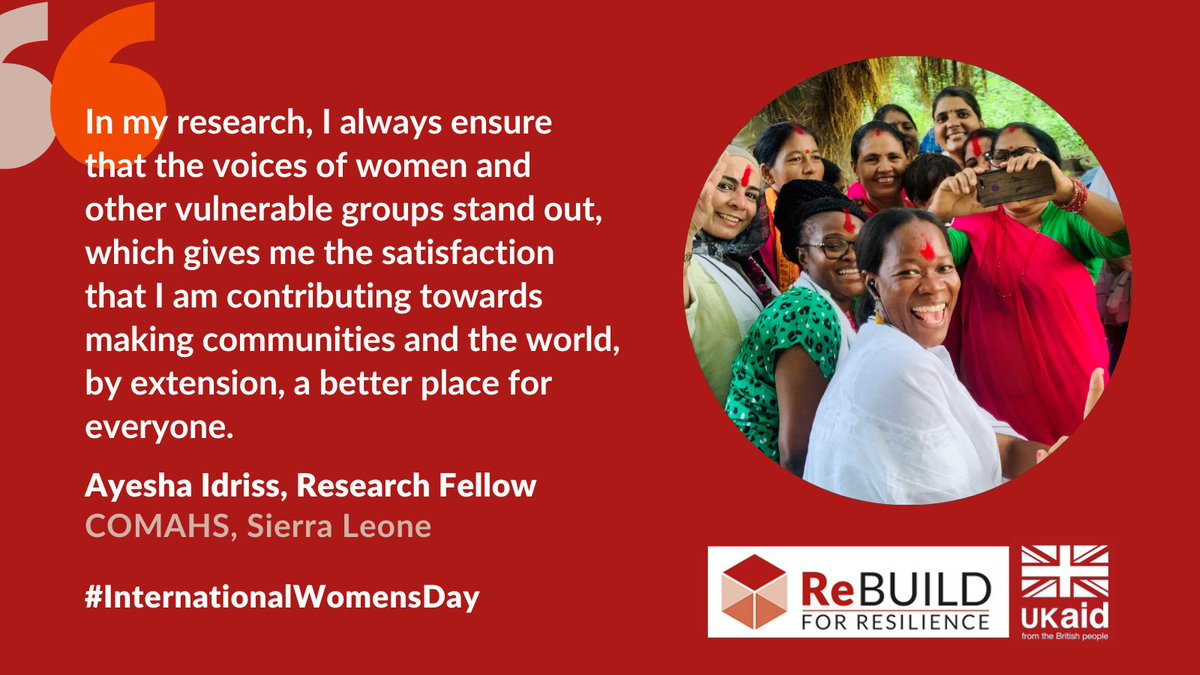 ReBUILD for Resilience (@rebuildrpc) on Twitter photo It's #InternationalWomensDay!!!
Today we hear from some of our Early Career Researchers and what #gender equity means to them.
First up is <a href="/IdrissAyesha/">Ayesha Idriss</a> from #SierraLeone...
<a href="/WurieHaja/">Haja Ramatulai Wurie, PhD (Mrs Kamara)🇸🇱</a> <a href="/FCDOResearch/">FCDO Research, Science and Technology</a> It's #InternationalWomensDay!!!
Today we hear from some of our Early Career Researchers and what #gender equity means to them.
First up is <a href="/IdrissAyesha/">Ayesha Idriss</a> from #SierraLeone...
<a href="/WurieHaja/">Haja Ramatulai Wurie, PhD (Mrs Kamara)🇸🇱</a> <a href="/FCDOResearch/">FCDO Research, Science and Technology</a>