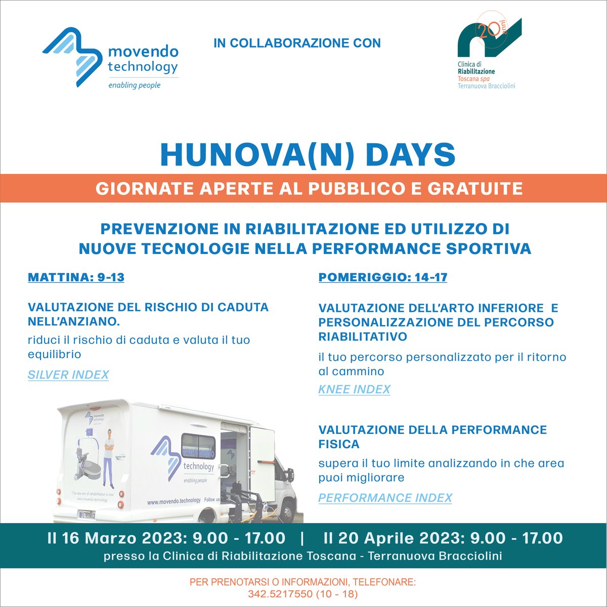 Our hunovan will be present at the Terranuova Bracciolini Center, via G.Donizzetti 2, on March 16th and April 20th, From 9 a.m. to 5 p.m. allowing the public to test our 3 evaluation Index. 
#hunova #movendotechnology #Robotics  #physiotherapy
