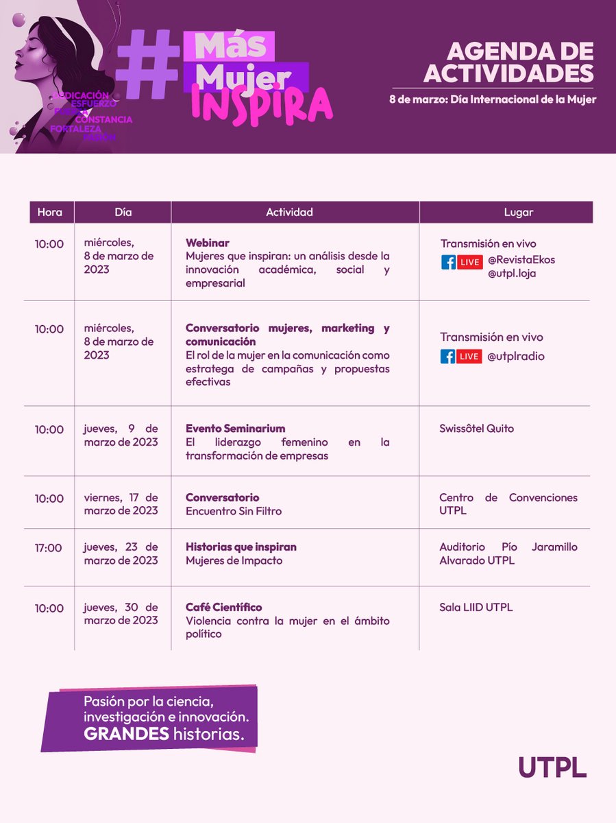 🟣 En marzo, conmemoramos a la mujer compartiendo e inspirándonos en sus logros, retos y legado.
👩🏻‍🎓👩🏼‍🔬👩🏽‍💻👷🏻‍♀️👩🏾‍🏫

¡Únete y comparte grandes historias de las mujeres que más te inspiran con el hashtag ↪️#MásMujerInspira!

Agenda por el Día de la Mujer: eventos.utpl.edu.ec/masmujerinspira