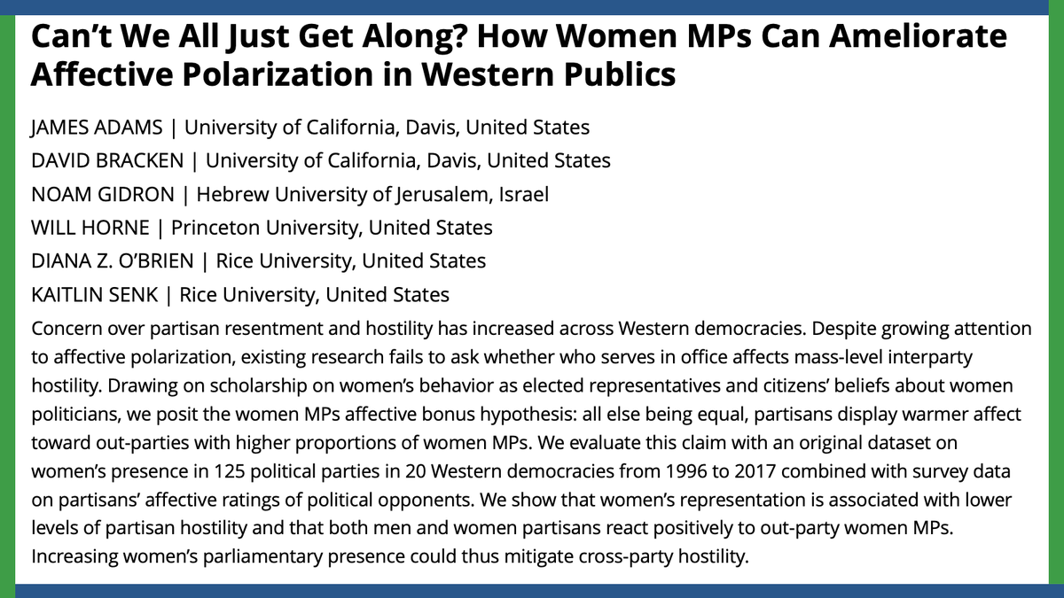 apsrjournal's tweet photo. Is mass-level interparty hostility affected by the gender of those serving in office? James Adams, @DaveB90, @NoamGidron, @rwillh1, @dianazobrien, &amp; @KaitlinSenk find women’s representation reduces partisan hostility.
#APSRNewIssue
#PoliSciResearch

https://t.co/WMsylPivdh https://t.co/yAaOhNEn88