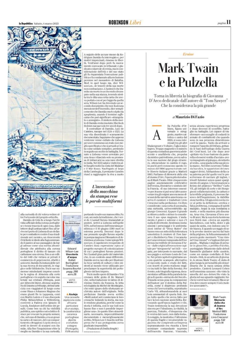 Mattioli1885's tweet photo. Su @Robinson_Rep @MaurizioDiFazio ha scritto un pezzo bellissimo su "Memorie della vita di Jeanne D'Arc" di Mark Twain, da pochissimi giorni in libreria.
#giovannadarco #pulzella #mattioli1885 #marktwain https://t.co/1A4m3BHFCy