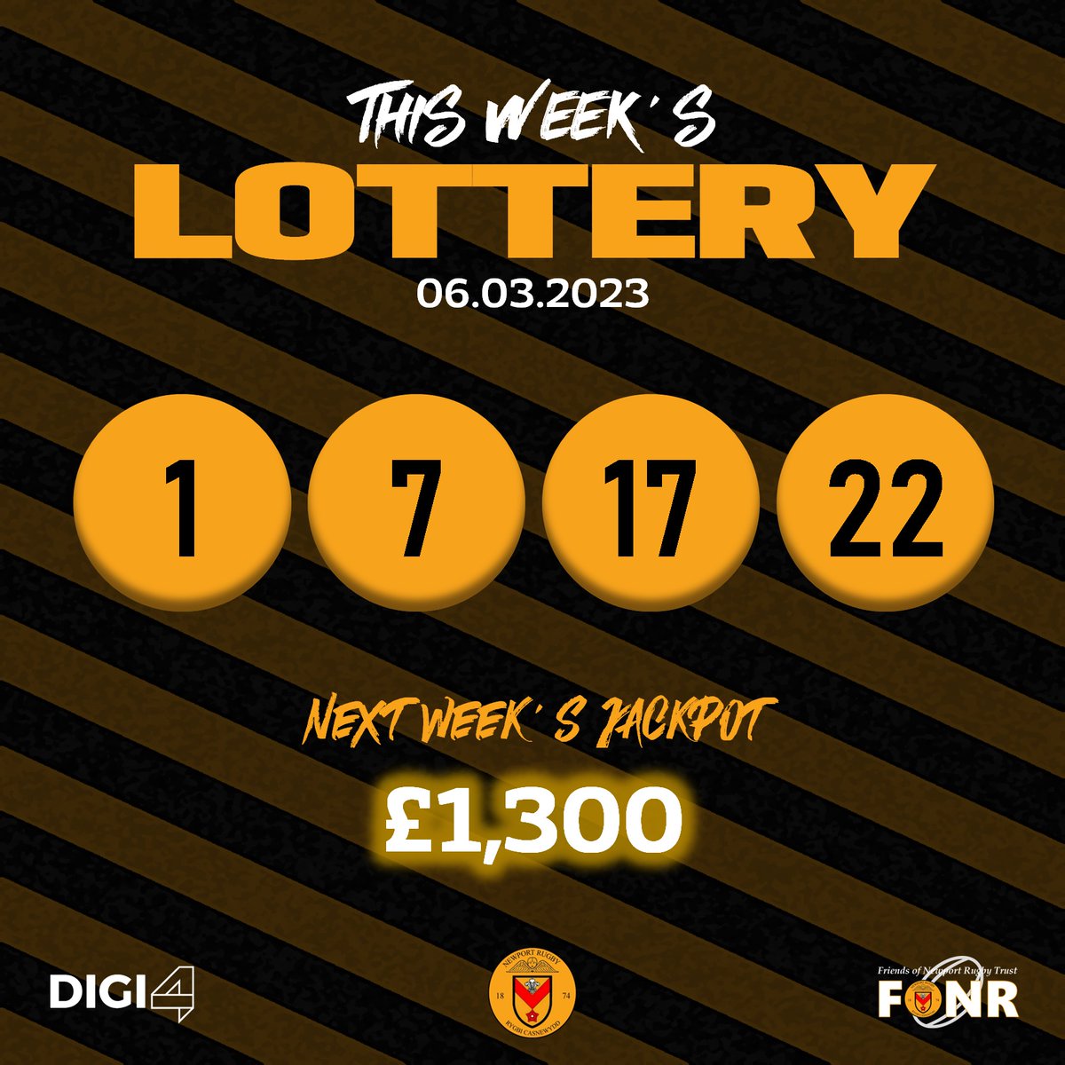 NewportRFC's tweet photo. 🎱 LOTTERY | Here are last night's winning numbers. No winners this week so we're looking at a rollover next week!

Head to the DIGI4 app or to https://t.co/LSj7KykQCd to get your tickets for just £1 👍 

#COTP #YmlaenCasnewydd https://t.co/L4bwrRAN0h