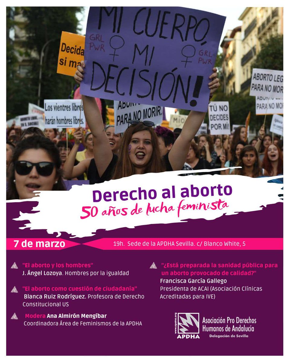 Achtungmag's tweet photo. Derecho al #aborto
50 años #lucha #feminista @IgualdadGob 

José Ángel Lozoya @joseangellozoy5 #HombresxlaIgualdad @fhxi 
Blanca Ruiz @unisevilla 
Francisca García #ACAI @ACAIVES

Asociación Pro #Derechos #Humanos #Andalucía #APDHA @APDHA 
@idhbc_uc3m @InstMujeres @nlopeztrujillo https://t.co/6yCGzX7Ly9