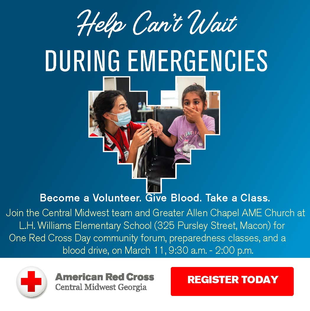 GARedCross's tweet photo. There's still time to sign up for the #OneRedCross Day event in Macon, Ga filled with awesome events like a community forum, preparedness classes, &amp; a blood drive! Register today to join the Central Midwest Georgia team on March 11th 📅  https://t.co/yvhbZRdwDn. https://t.co/HwuaX2ZepX