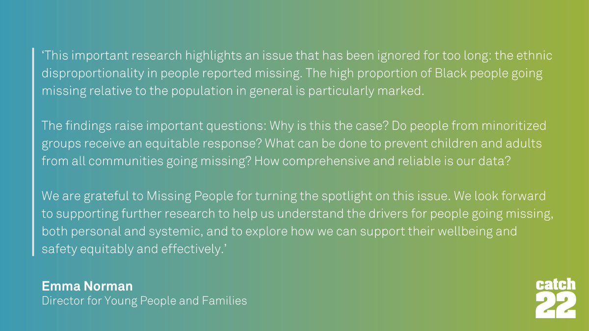 A new report from <a href="/missingpeople/">Missing People</a> and <a href="/ListenUpCo/">Listen Up</a> highlights the patterns in the experiences of minority ethnic groups reported missing. The report was collated by looking at statistical data from police and local authorities.

Read the full report here: ow.ly/Sc7S50NaEGU
