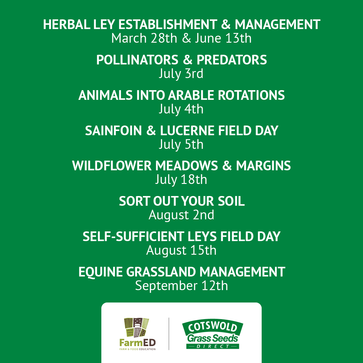 CotswoldSeeds's tweet photo. Join us for a variety of courses brought to you by the @RealFarmED team and @CotswoldSeeds.
All courses will be at FarmED, Oxfordshire. Tickets available on the FarmED website🎟
#regenag #herballeys #farmingeducation #wildflowermeadow #arablerotation #pollinators https://t.co/JIHNd5nBKr
