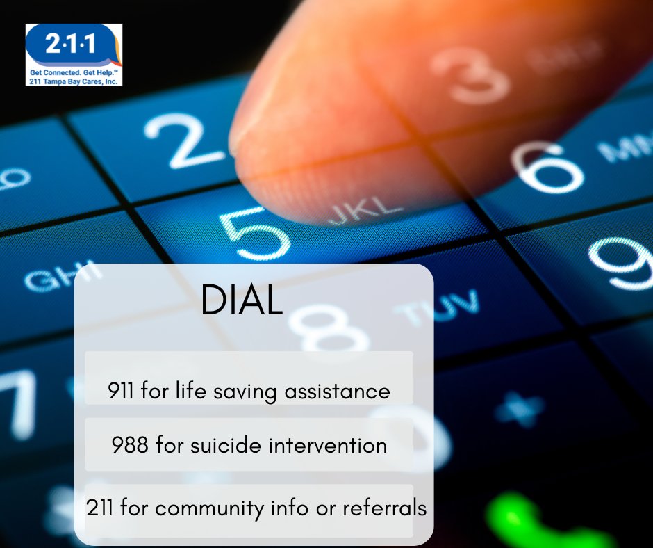 FirstContactTB's tweet photo. Remember if you need life-saving assistance, dial 911.
Dial 988 for suicide intervention and emotional support.
Dial 211 for community info or referrals.
#211TBC https://t.co/JOYfl4QuCH