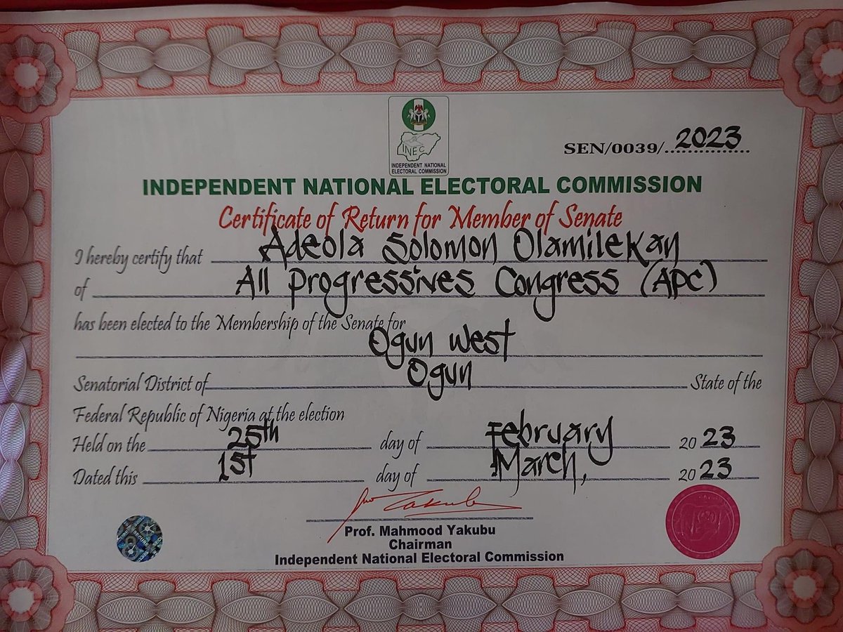 Sen_AdeolaYAYI's tweet photo. I am officially certificated as Senator-Elect for Ogun West Senatorial District alongside other Ogun State Senators-Elect, @JustusOGD, @salisuShuaibA and other senators-elect at the Presentation Of Certificate of Return for Senator-Elect at International Conference Centre, Abuja. https://t.co/97XKXZCik9