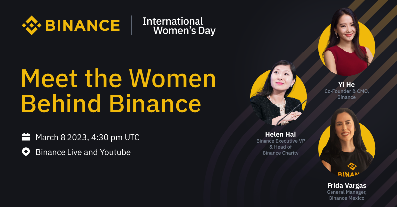 binance's tweet photo. Join #Binance Co-Founder @heyibinance, and our female leaders live for #InternationalWomensDay!

🗓 March 8, 2023 
⏰ 4:30 pm UTC
📍 Binance Live, YouTube

Hear about the experiences of women in crypto and how they #BuildTogether. 

Have a question for them? Drop it below 👇