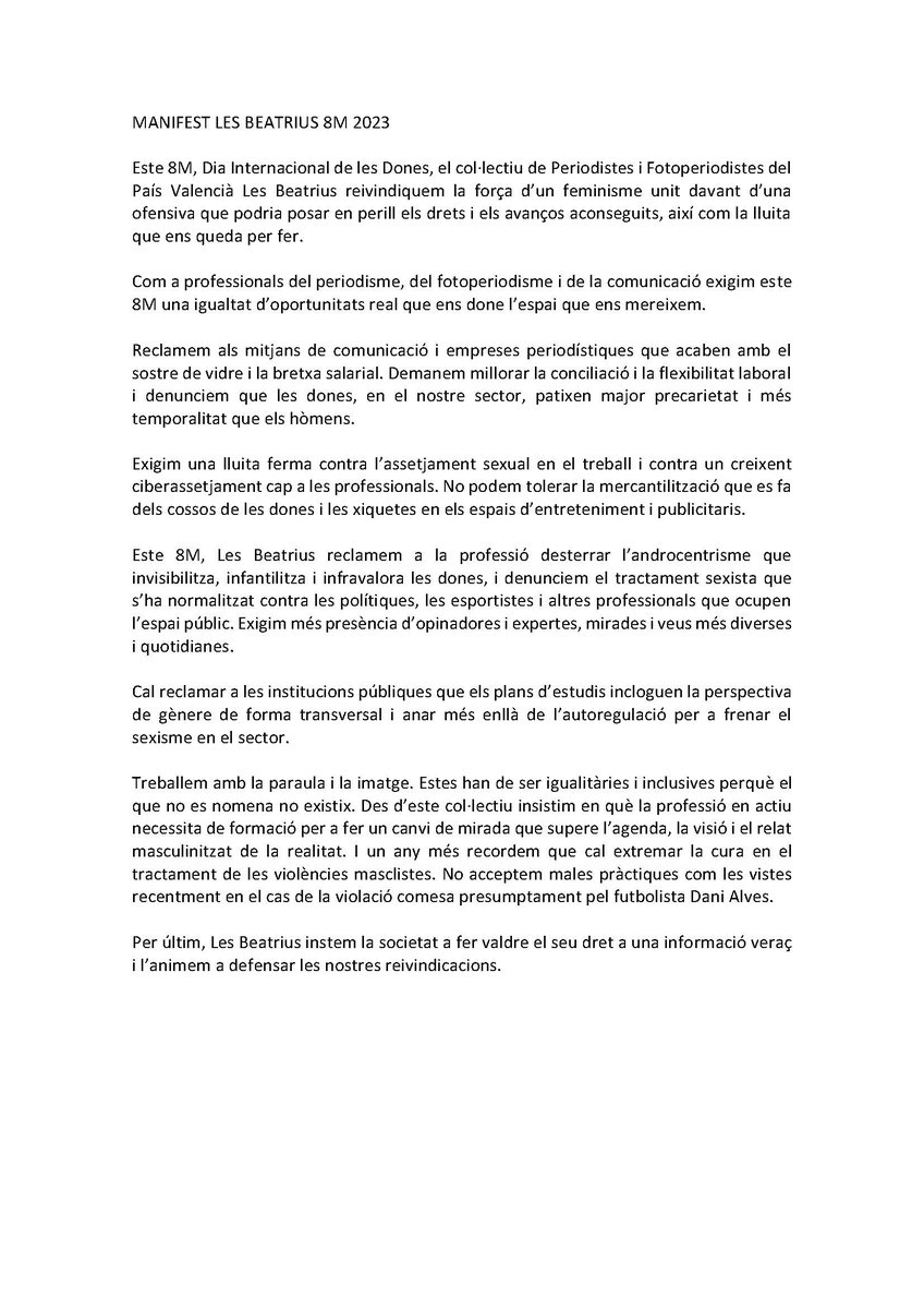 lesbeatrius's tweet photo. Les beatrius eixirem demà a manifestar-nos pels carrers de València, perquè pensem que hem de continuar alçant la veu unides... 
Este és el nostre manifest. #lesbeatrius  #Periodismefeminista #8M23 #8M23Valencia https://t.co/5t6dILHDMV
