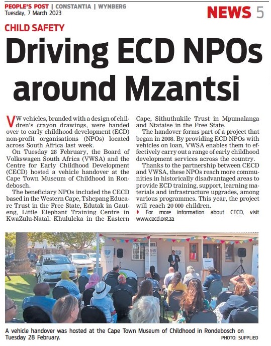 CECD_online's tweet photo. A great piece in the @ThePeoplesPost today on our partnership with @Volkswagen and the vehicle handover ceremony we held last week at the
@CTchildhood! We so appreciate the support for #ECD in South Africa! https://t.co/cGxp0i0H54