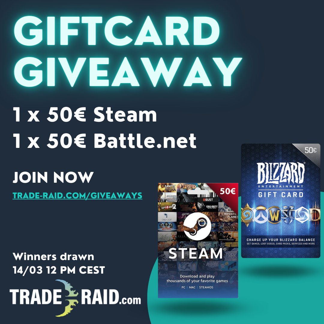 Trade Raid on X: 🤑GIFT CARD GIVEAWAY🤑  is holding  an exciting giveaway🌠 Prizes are: 1x 50€ Steam/Battle.net Gift Card🎁 1x  50€ Steam Gift Card🎁 Join now 👉  With love from