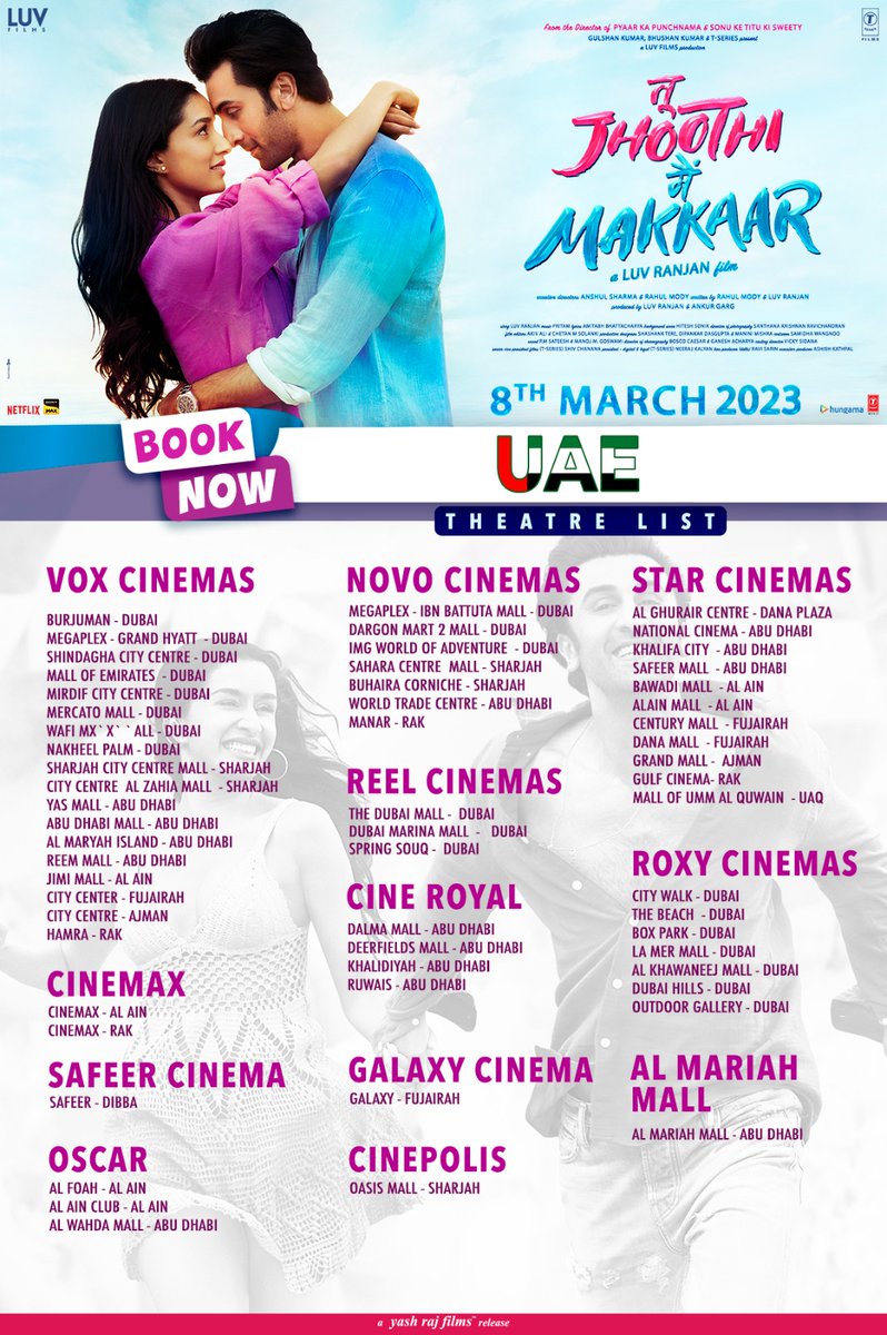 yrf's tweet photo. #TuJhoothiMainMakkaar in cinemas tomorrow! Book your tickets!
For worldwide cinema listings, click here -https://t.co/zlftEO2hPQ
@LuvFilms | #YRFWorldwide https://t.co/5ydIX71bbK