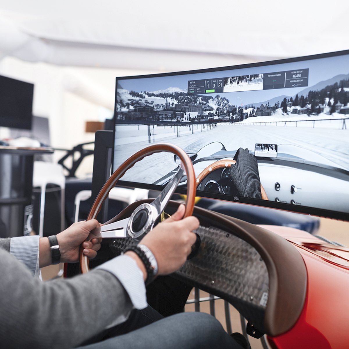 Zagato1919's tweet photo. At @theicestmoritz, TCCT eClassic presented the exclusive car design simulator Zagato Elio Z. A unique opportunity for guests to drive virtually classic dream cars on the frozen surface of the St. Moritz lake. Photos: TCCT eClassic TCCT https://t.co/DnktJ9Strp