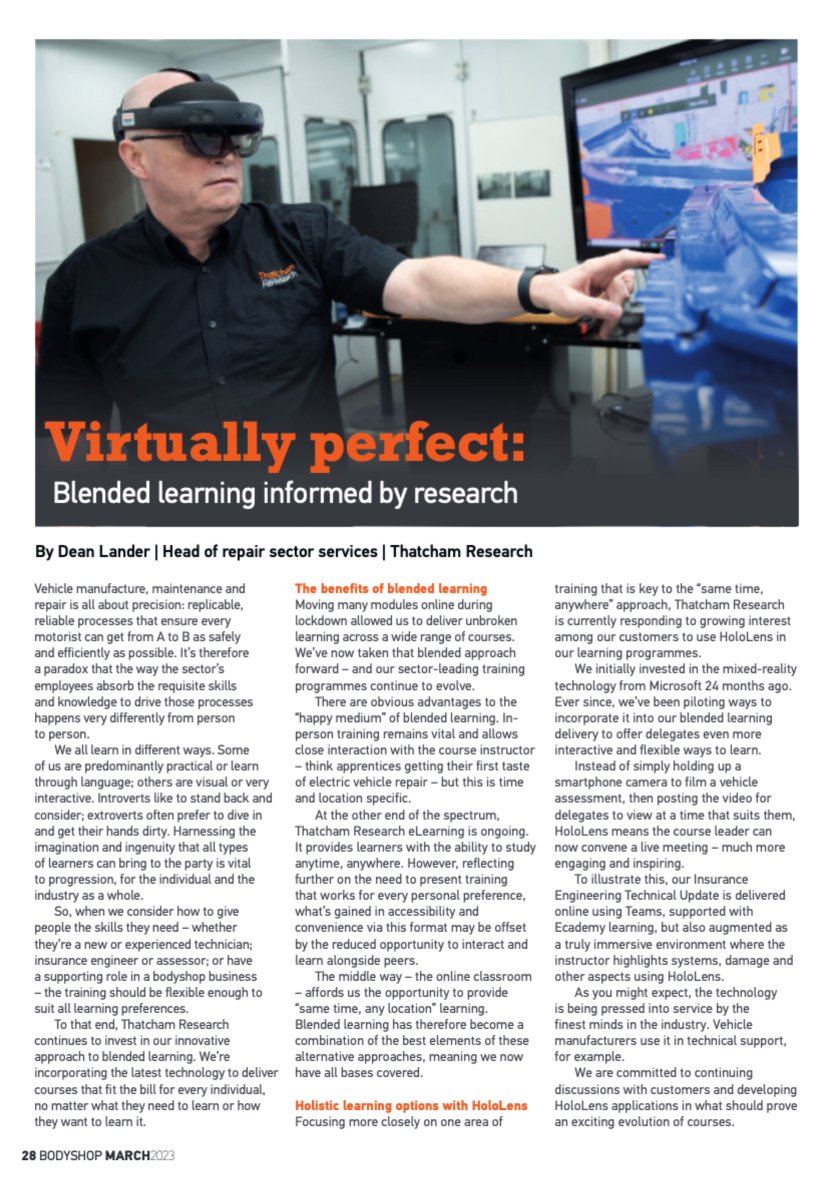 ThatchamRepair's tweet photo. The March issue of @bodyshopmag features Dean Lander, our head of repair sector services, speaking about the benefits of blended learning and how using tech – like @HoloLens – supports the efficient delivery of vehicle repair training. 

Read here: https://t.co/pNr8zpm3It https://t.co/lEErl8Wi9G