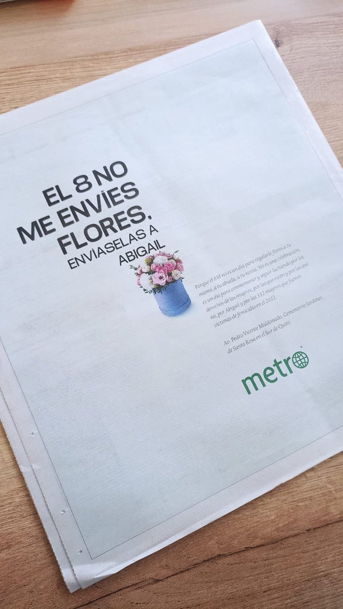 Hoy vi esta campaña por el día de la mujer y me puso a sentir y a pensar mucho.

Los invito a sumarse y mañana 8 de marzo enviarle flores a las que ya no están porque este día es para conmemorar más que celebrar.

@metro <a href="/Metro/">Metro</a>Ecuador