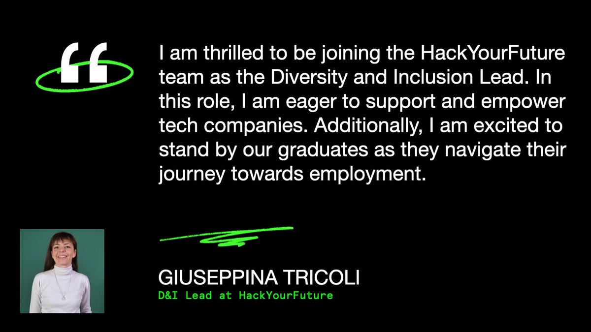 We are delighted to welcome Giuseppina Tricoli to our team. She will assist our graduates in securing employment by working closely with our current and future partners. If you are looking for enthusiastic and skilled developers, please send an email giuseppina@hackyourfuture.net