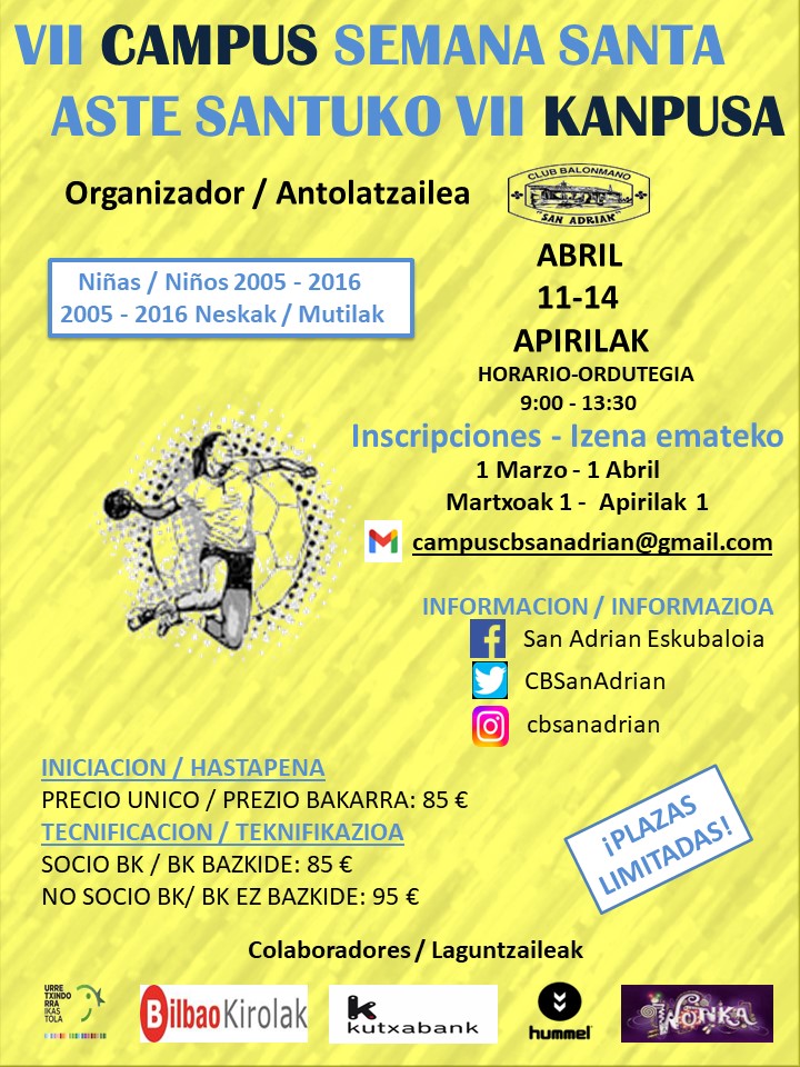 📝 Gure campusean izena emateko, bigarren astea! 💛 

✅ VII Edizioa
🗓️ Apirilaren 11tik 14ra
♀️Ume guztiak♂️
↪️ 2005-2016

👨🏻‍🏫 Zuzendari teknikoa <a href="/MarioOR7/">Mario Ortiz Rodríguez</a>‼️

💥 Plaza mugatuak⏳

📝 Izena ematea eta kontsultak:
campuscbsanadrian@gmail.com

👀📲 +INFO 👇
sanadrianeskubaloia.wordpress.com/2023/03/02/vii…