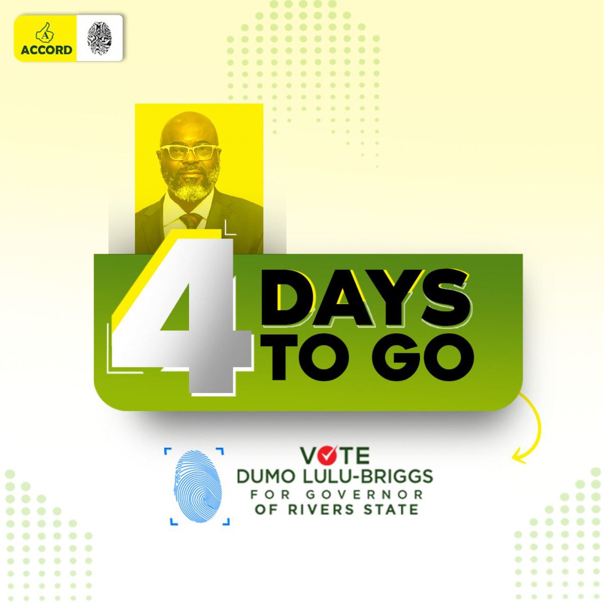 Wonderful Rivers state people, it's just 4 days to the election. Let's all come out ACCORDingly to vote for the right man for the job

Let's vote for the man that's ready to take Rivers state 10x further

Let's vote Dumo

#DumoWillDoMore
#DLB2023
#RiversDecide
#VoteAccord
