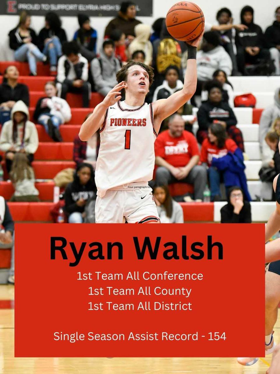 Congratulations to Senior Ryan Walsh on setting the Elyria HS Single season assist record with 154 and also receiving 1st Team District, SWC, and Lorain County.!! Ryan will be playing in the Senior All Star Game this Sunday at Midview HS at 7 pm