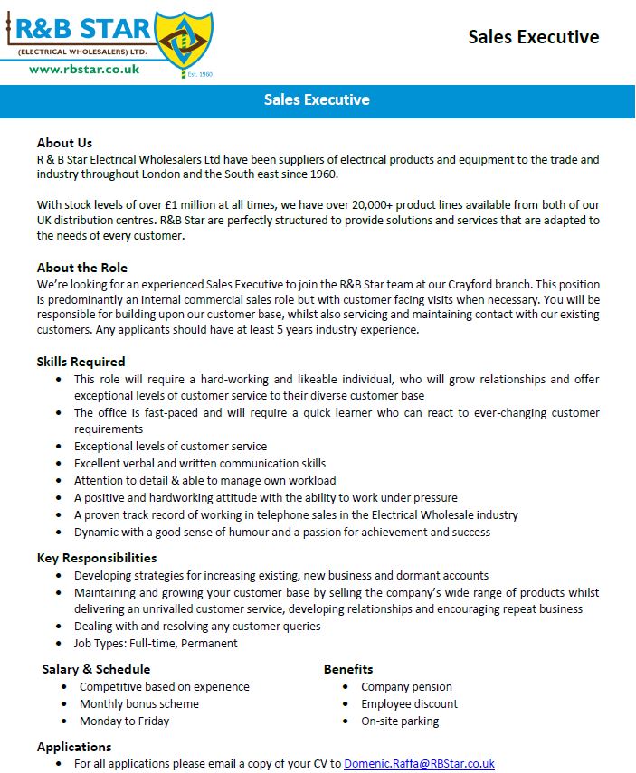 R&B Star (EW) Ltd (@rbsew) on Twitter photo We are expanding! We've a vacancy for a Sales Executive out of our Crayford branch. The position is predominantly an internal commercial sales role but with customer facing visits when necessary.
If you are interested, please email your CV to Domenic.Raffa@RBStar.co.uk We are expanding! We've a vacancy for a Sales Executive out of our Crayford branch. The position is predominantly an internal commercial sales role but with customer facing visits when necessary.
If you are interested, please email your CV to Domenic.Raffa@RBStar.co.uk
