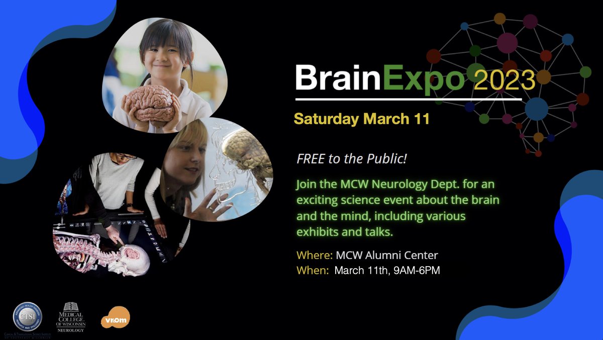 MCW BrainExpo is Sat., 3/11, 9am - 6pm. A free, fun event in MKE where people of all ages and backgrounds learn about the brain through presentations and interactive exhibits. Talks at 11am, 1pm, and 3pm. Free parking. <a href="/NeuroscienceMCW/">Neuroscience Research Center - MCW</a> <a href="/CTSIWI/">CTSI of Southeast WI</a> <a href="/brain_expo/">Brain Expo</a> #neuroscience