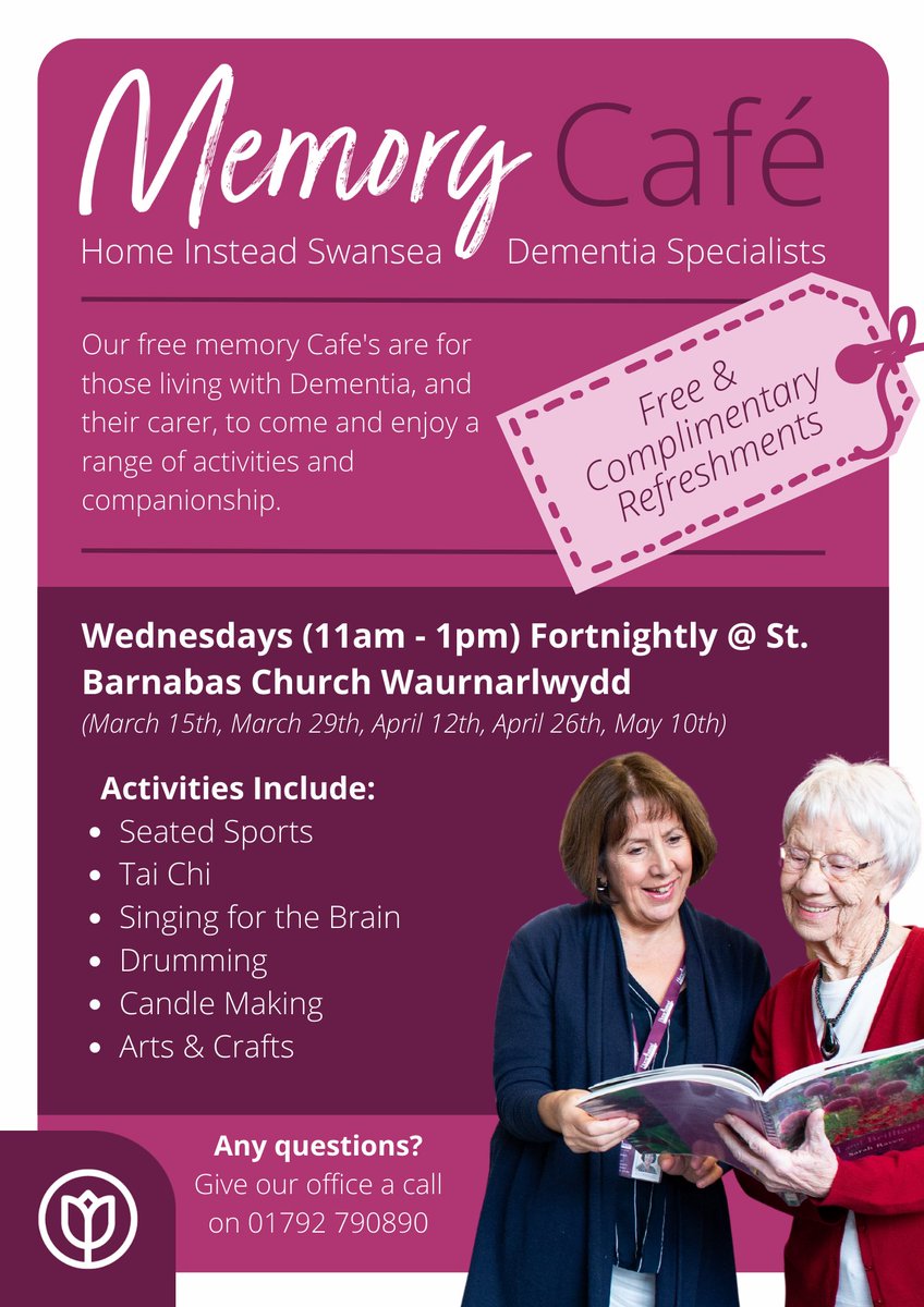 Have you heard about our Memory Cafe's?☕

Join us next Wednesday at 11am for Tai Chi with Mike, followed by refreshments, all completely free!

#elderlyservices #whatsonswansea #memeorycafes #dementiafriendly